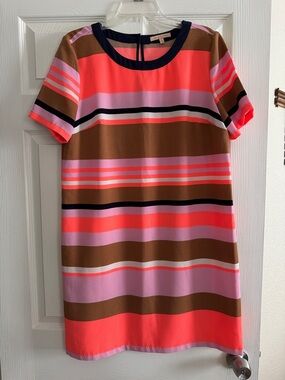 Gibson Latimer Coral, Pink & Brown Striped Midi Shift Dress